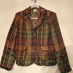 Tres Jolie Women Jacket Green Plaid Wool Tapestry Tweed Flower